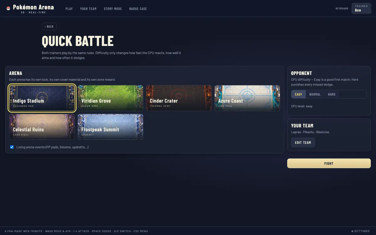 Quick Battle setup with six arena cards and CPU difficulty options