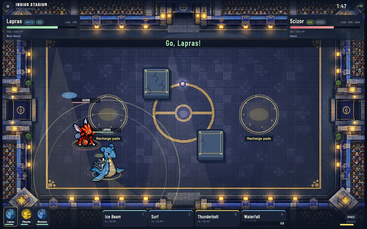 Live Pokemon Arena 2D browser battle with health bars, move cards and a dodge meter
