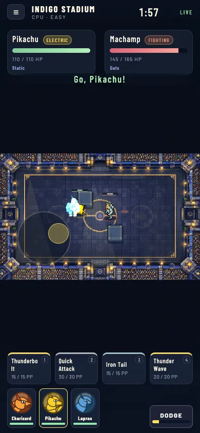 Phone-sized browser battle showing the touch movement stick, move cards and Dodge button