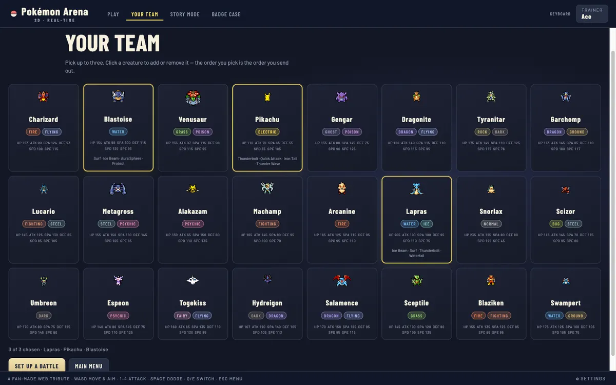Browser arena team editor with selectable characters and saved team slots